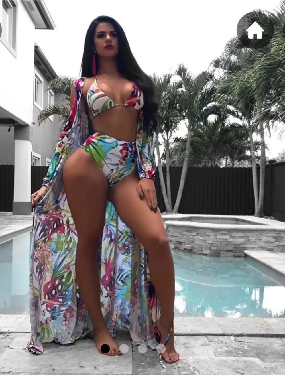 Floral High-Waist Bikini Set with Matching Kimono - Multicolor